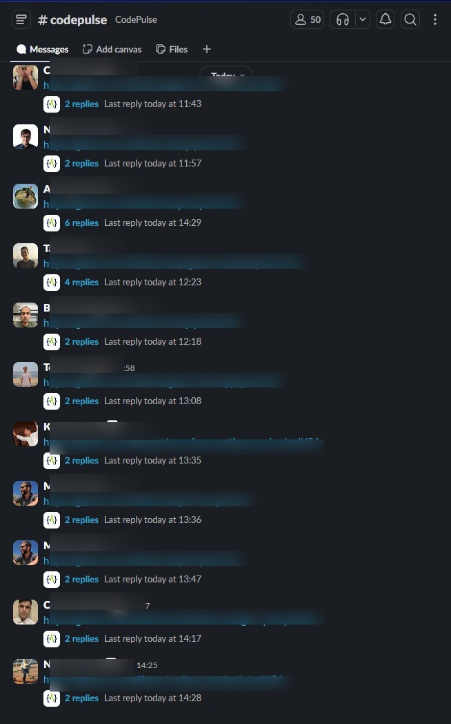 Slack channel showing 11 pull-request reviews posted by different engineers across multiple repositories in a single afternoon