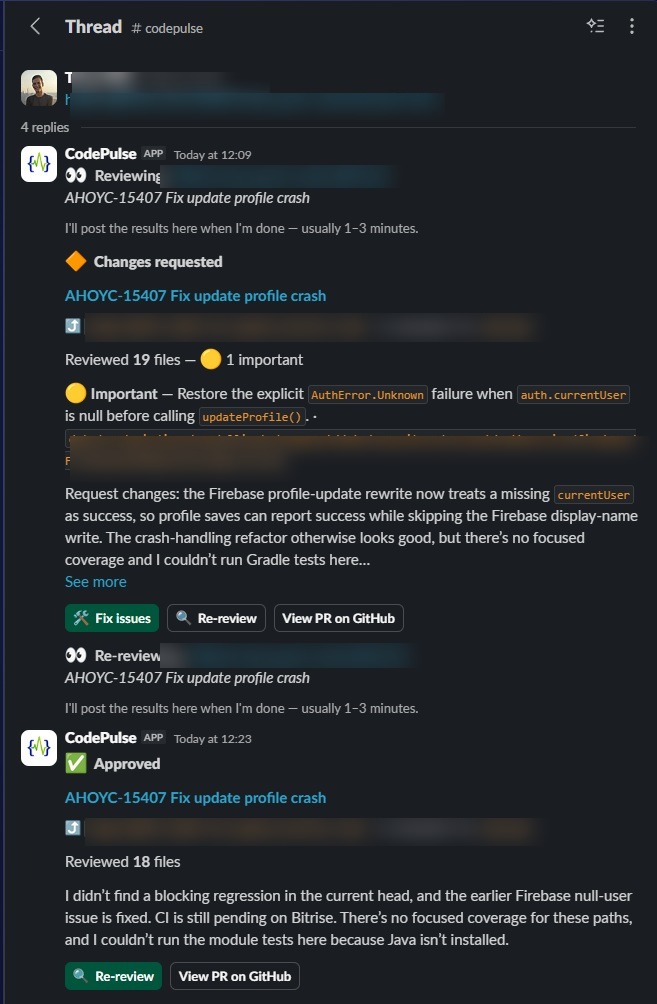 Full Slack thread of a CodePulse review: initial review detects a Firebase null-user bug with 1 important finding, engineer clicks Fix issues, CodePulse re-reviews, and approves the updated PR 14 minutes after the first review.